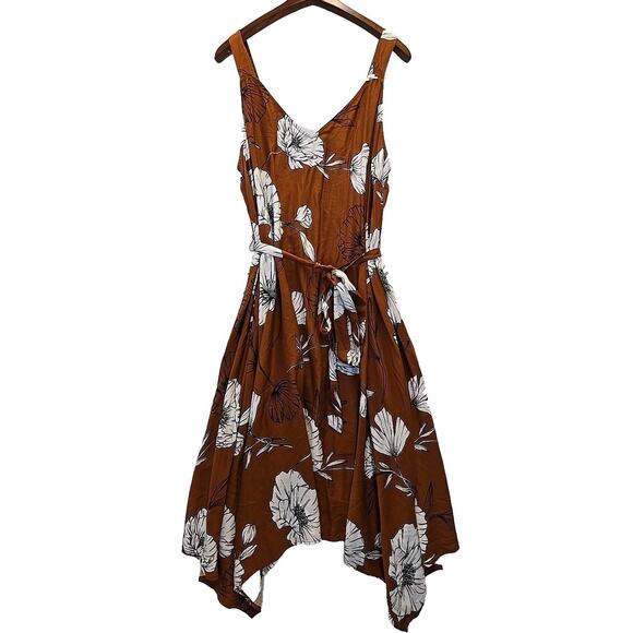 Ava & Viv Women's 2X Handkerchief Hem Flowy Floral Midi Dress Boho Tie Waist - Picture 1 of 6